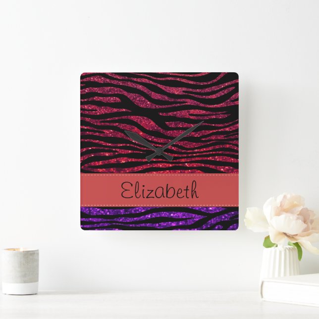 Horloge Carrée Red Zebra, Purple Zebra, Glitter Zebra, Your Name (Maison)