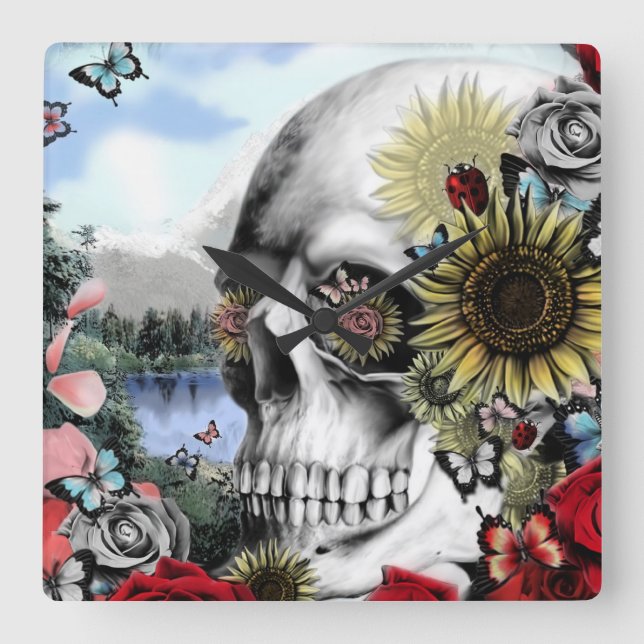 Horloge Carrée Réflection, landscape skull. (Recto)