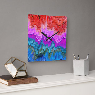 Horloge Carrée "Réflexion rayonnante" Art Abstrait coloré