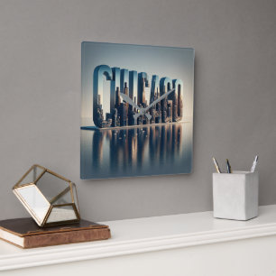 Horloge Carrée Réflexion sur l'eau de Chicago City