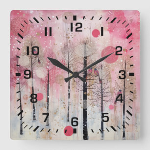 Horloge Carrée Refuge de la merlette rose magique d'hiver
