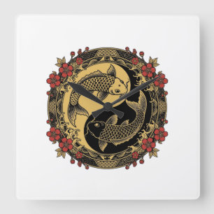 Horloge Carrée Relief Rond Ornemental de Dragon Impérial Chinois 
