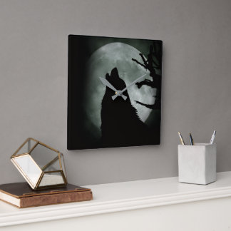 Horloge Carrée Reloj de Pared - Lobo Aullando a la luna Llena