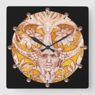 HORLOGE CARRÉE RENAISSANCE FACE GROTESQUE WITH GOLD WHITE FLORAL