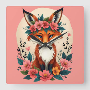 Horloge Carrée Renard Bohème Fantaisiste avec Couronne Florale de