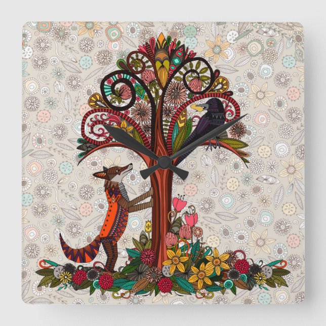 Horloge Carrée renard et corbeau (Recto)