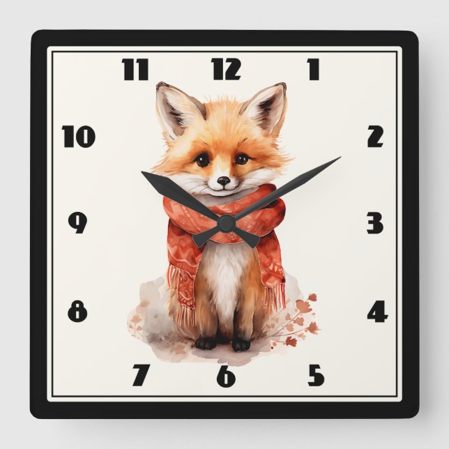 Horloge Carrée Renard mignon en écharpe rouge (Recto)