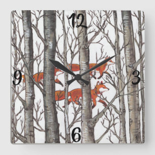 Horloge Carrée Renard rouge renards renards gris Forêt d'hiver Ho