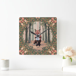Horloge Carrée Renard vintage dans les bois, art inspiré de la na