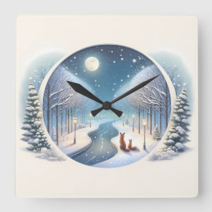Horloge Carrée Renards d'hiver au bord d'une rivière enneigée sou