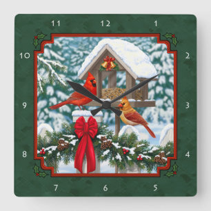 Horloge Carrée Repas de Noël des cardinaux Vert