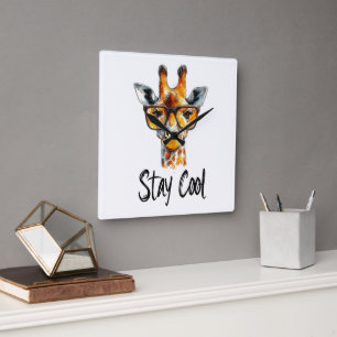 Horloge Carrée Restez Cool - Illustration de girafe avec lunettes