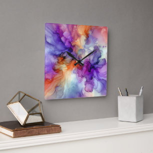 Horloge Carrée Résumé abstrait à l'encre alcoolique orange et vio