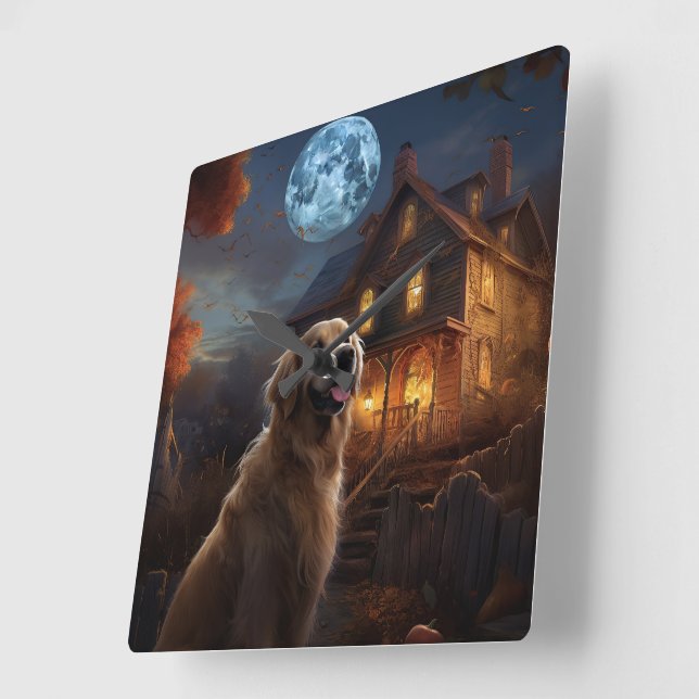Horloge Carrée Retriever doré Halloween effrayant (Angle)