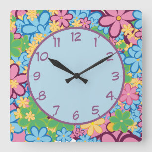 Horloge Carrée Retro 60 s Purple Blue et Yellow Flowers