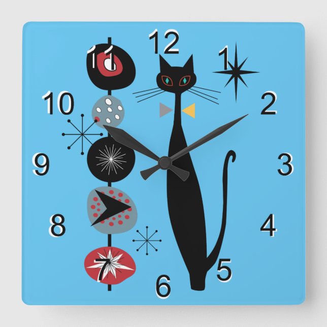 Horloge Carrée Retro Atomique Moyen Siècle Moderne MCM Cool Chat  (Recto)