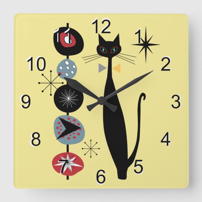 Horloge Carrée Retro Atomique Moyen Siècle Moderne MCM Cool Chat  (Recto)