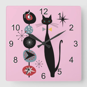 Horloge Carrée Retro Atomique Moyen Siècle Moderne MCM Cool Chat 