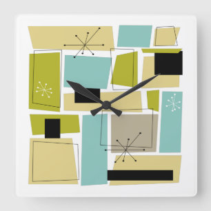 Horloge Carrée Retro Blue Yellow Squares Mid Century Modern Squar