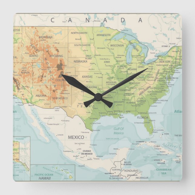 Horloge Carrée Rétro carte couleur du monde (Recto)