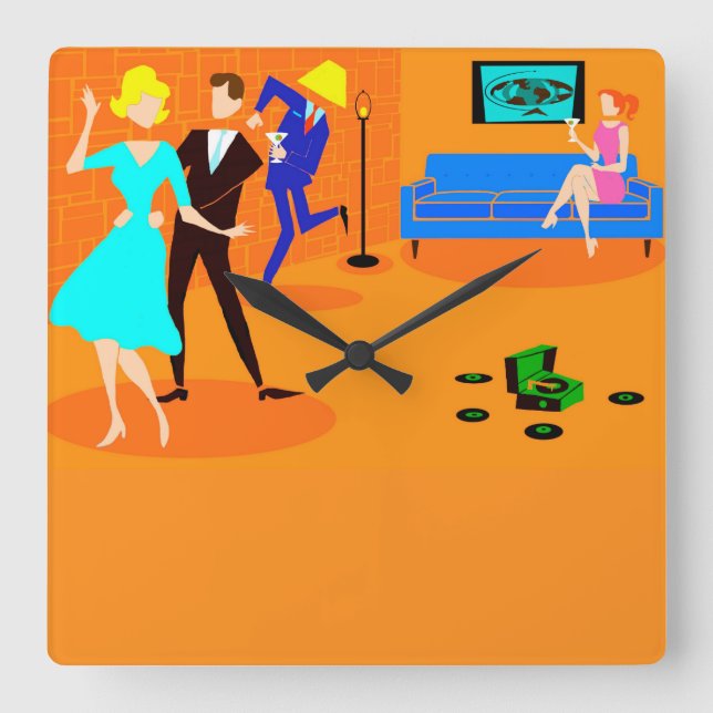 Horloge Carrée Rétro Cartoon Cocktail Party Clock (Recto)