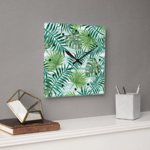 Horloge Carrée Retro Chic Palm Vert Feuille Aquarelle Art