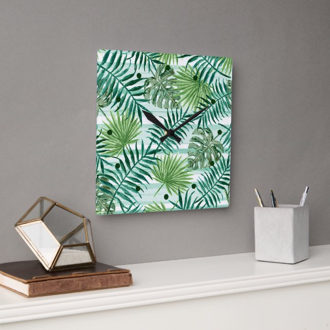 Horloge Carrée Retro Chic Palm Vert Feuille Aquarelle Art (Bureau)