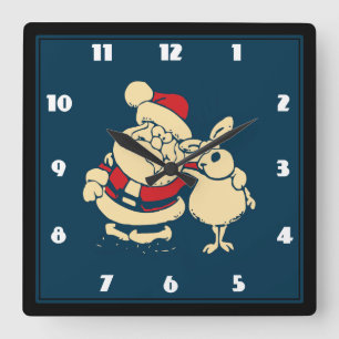 Horloge Carrée Retro Christmas Père Noël et son Reindeer Buddy