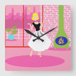 Horloge Carrée Rétro dans l'horloge murale acrylique rose