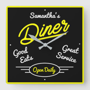 Horloge Carrée Retro Diner Cinquante-Jaune Effet Néon N'Importe 