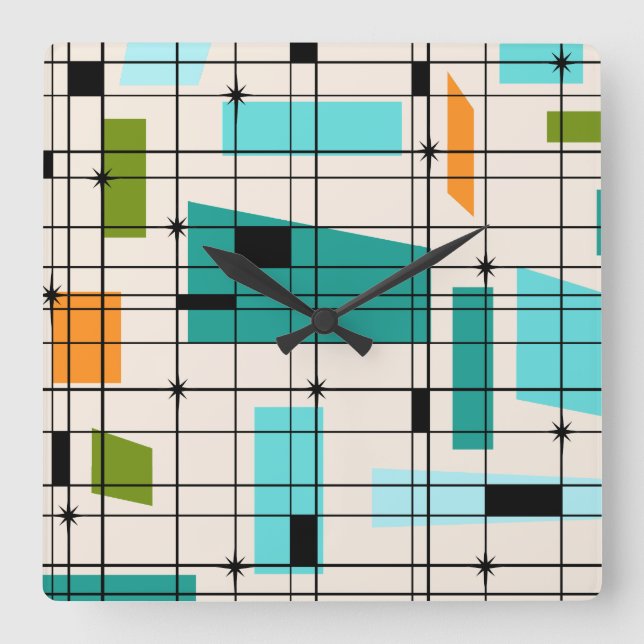 Horloge Carrée Retro Grid & Starbursts Acrylic Wall Clock (Recto)