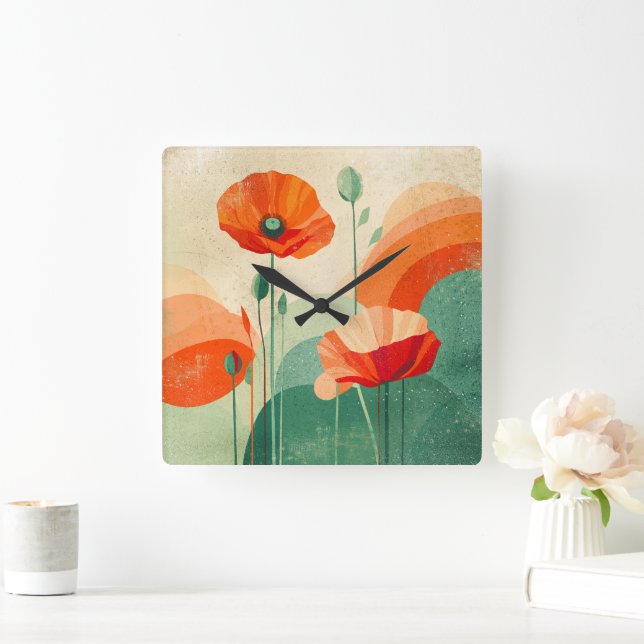 Horloge Carrée Retro Modern Abstract Poppy Floral Art (Maison)