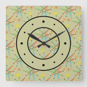 Horloge Carrée Rétro motif multicolore atomique de Starburst