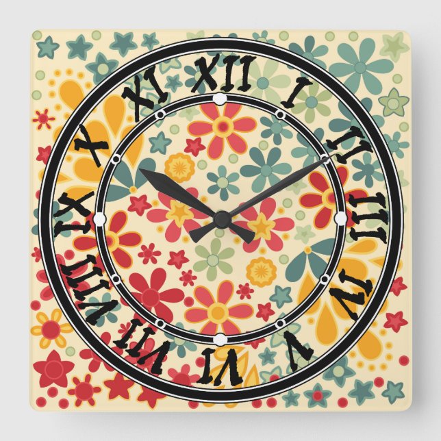 Horloge Carrée Retro. Motifs floraux (Recto)