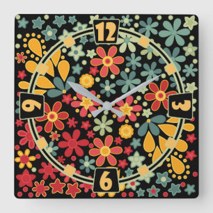 Horloge Carrée Retro. Motifs floraux 2