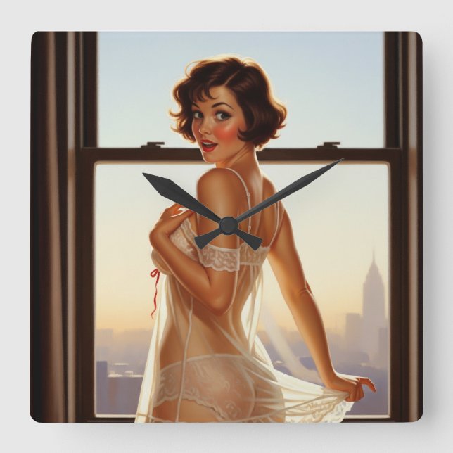 Horloge Carrée Retro Old School Pin-up Girl (Recto)