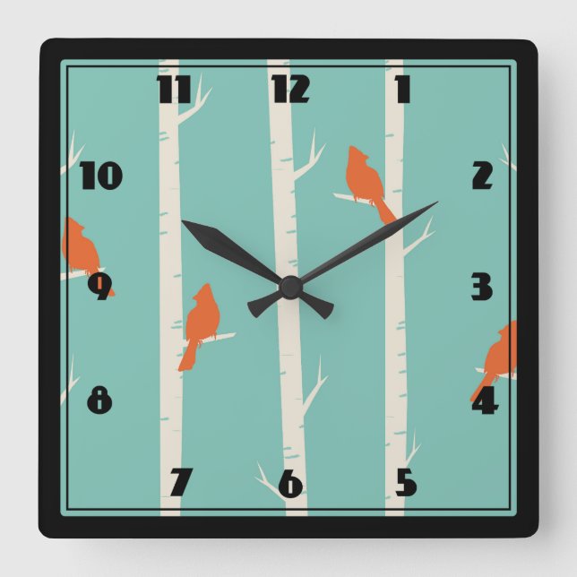 Horloge Carrée Rétro Orange Birds on Birch Trees (Recto)