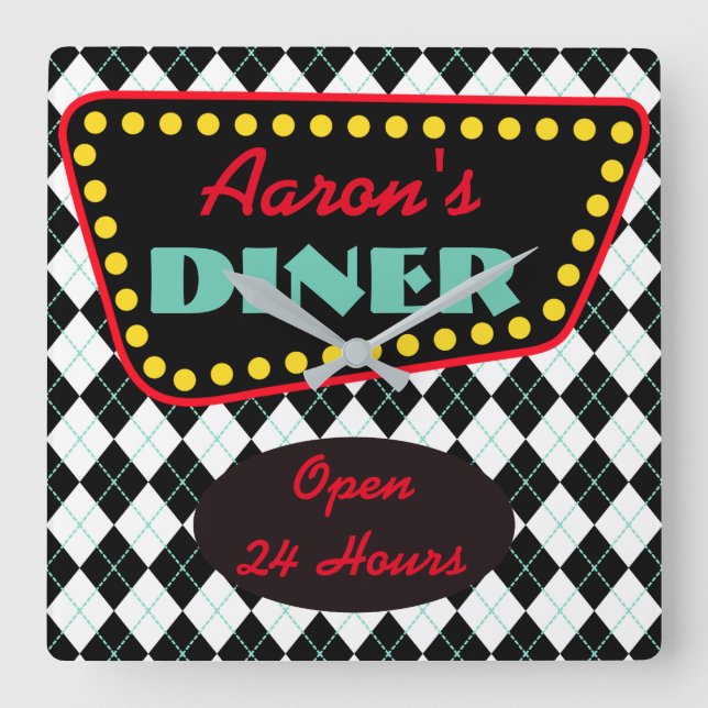 Horloge Carrée Rétro Personalized Diner Kitchen Clock (Recto)