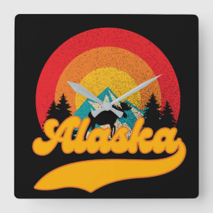Horloge Carrée Retro Sunset Alaska Juneau Moose 0Montagnes Wild