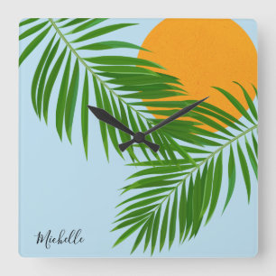 Horloge Carrée Retro Tropical Sun Palm Feuille Blue Minimal Nom