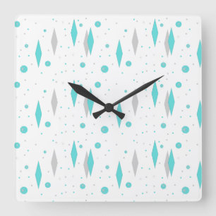Horloge Carrée Retro Turquoise Diamond et Starburst Wall Clock
