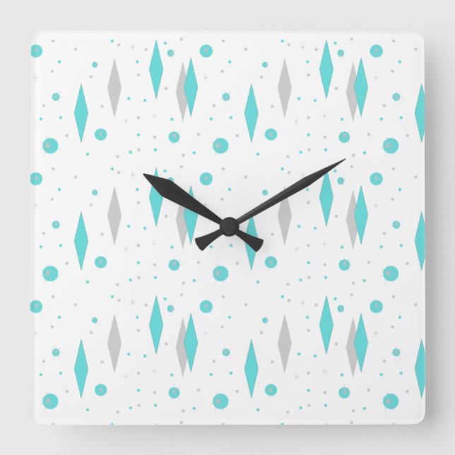 Horloge Carrée Retro Turquoise Diamond et Starburst Wall Clock (Recto)