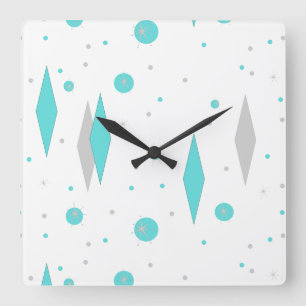 Horloge Carrée Retro Turquoise Diamond et Starburst Wall Clock