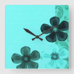 Horloge Carrée Rétro Vintage Floral Flowers Teal Wall Clock