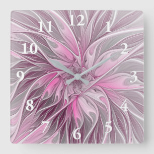 Horloge Carrée Rêve de fleur rose fractale, Motif Imaginaire flor