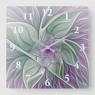 Horloge Carrée Rêve de fleurs, Abstrait violet vert Fractal Art