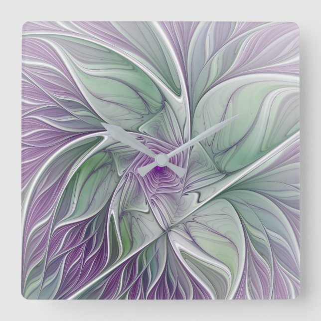 Horloge Carrée Rêve de fleurs, Abstrait violet vert Fractal Art (Recto)