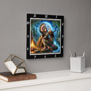 Horloge Carrée Rêves autochtones : Réflexion d'Eagle's Eyes Moon