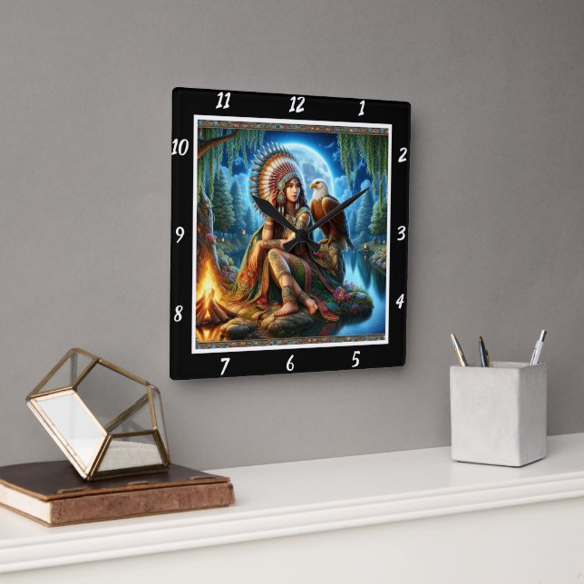 Horloge Carrée Rêves autochtones : Réflexion d'Eagle's Eyes Moon (Bureau)