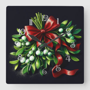 Horloge Carrée Ribbon Mistletoe de dessin Pastel de vacances